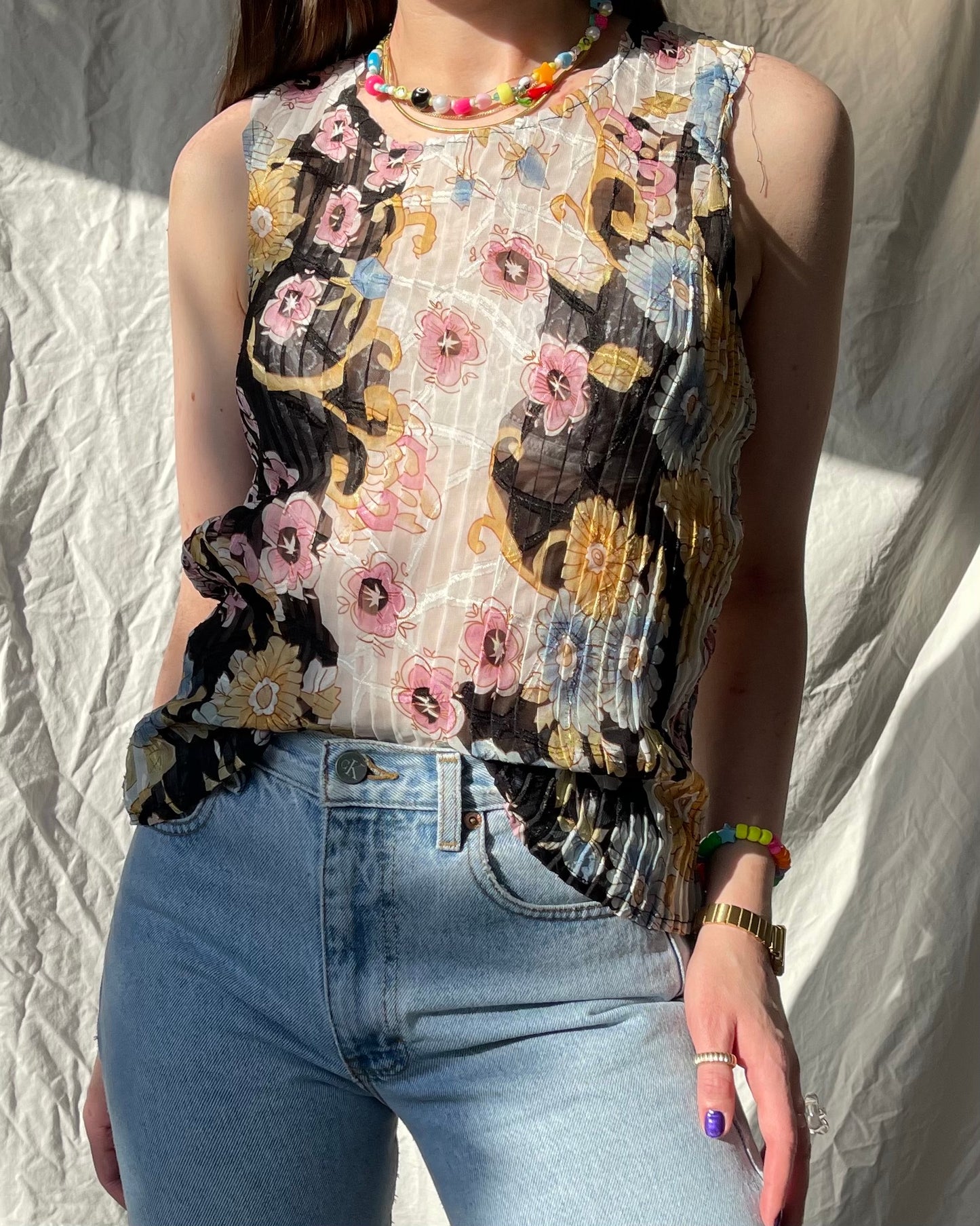 Sheer pleated floral tank